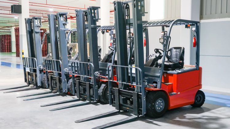 Row of forklifts for sale in an indoor facility