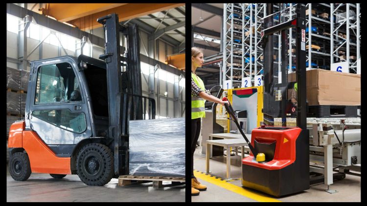 Counterbalance forklift next to a pallet stacker