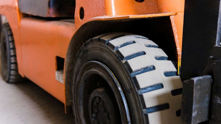 Close-up of treads on forklift tires