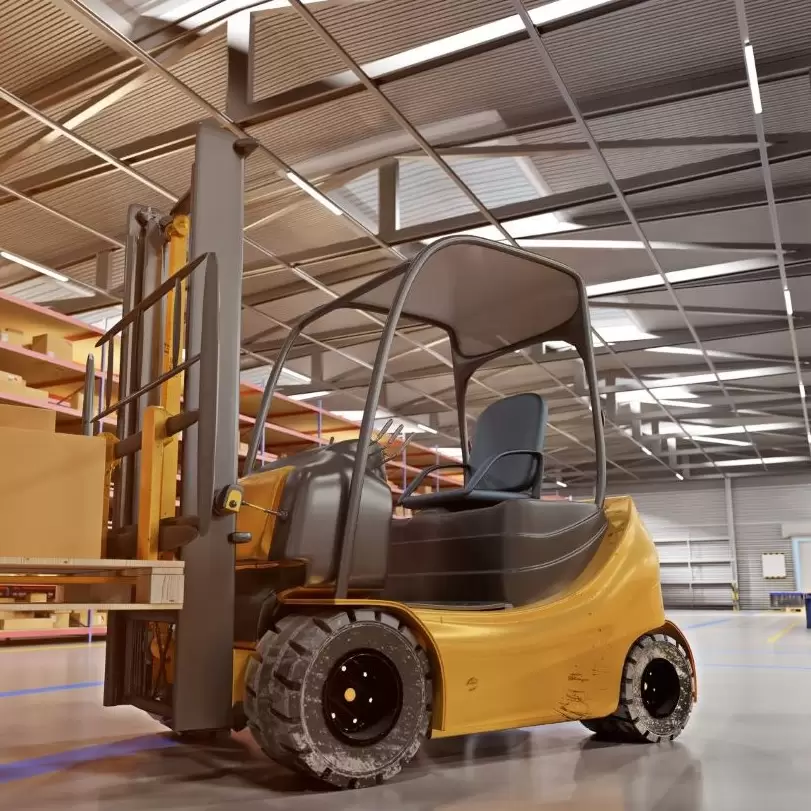 Propane Forklift A yellow propane forklift in an empty warehouse.