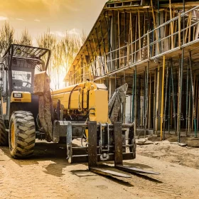 Large yellow telehandler forklift outside at a construction site