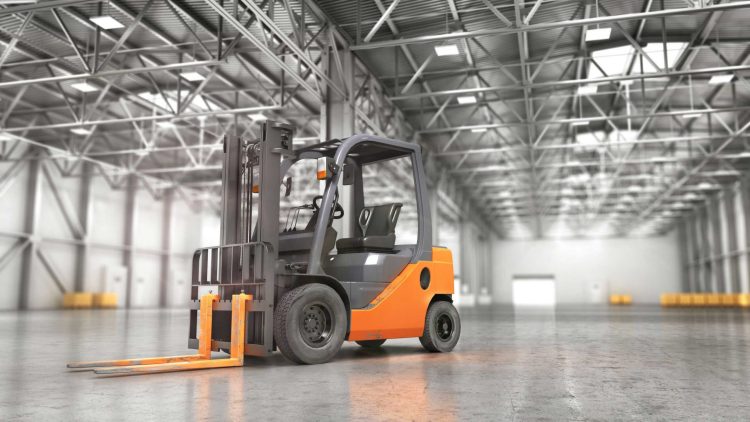Orange counterbalance forklift in a warehouse