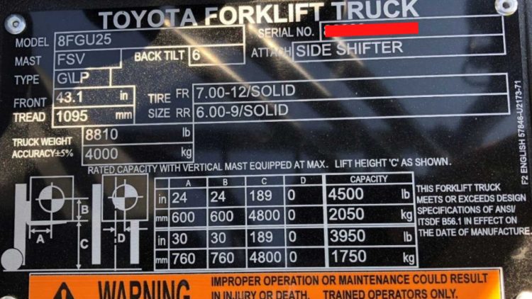 Forklift capacity plate with equipment information