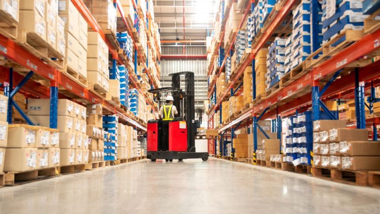 Warehouse has calculated minimum forklift aisle width so the forklift can move easily in the warehouse