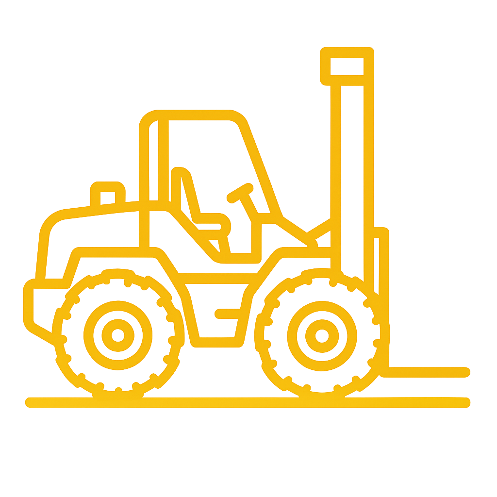 yellow icon outline of a heavy-duty rough terrain forklift